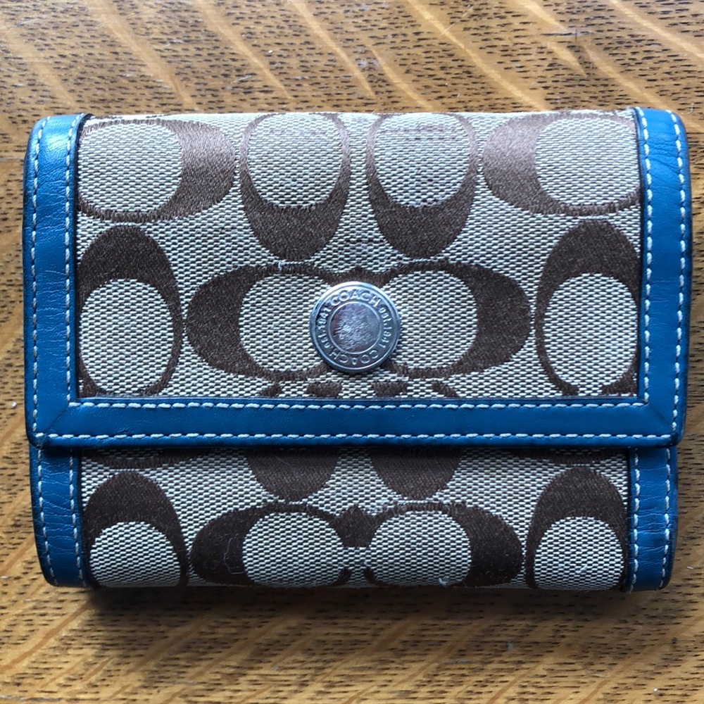 Authentic Coach Wallet with Blue Leather Trim